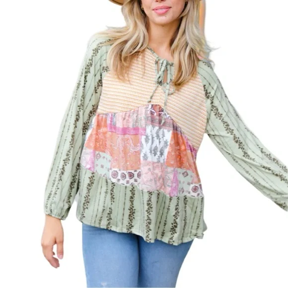 NEW HAPTICS OLIVE & MUSTARD BOHO TWO TONE TIERED BABYDOLL TOP - Picture 7 of 11